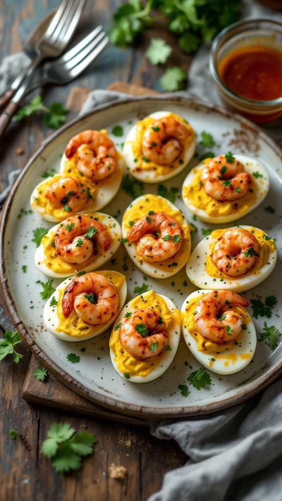 A plate of Cajun Deviled Eggs topped with shrimp and garnished with parsley