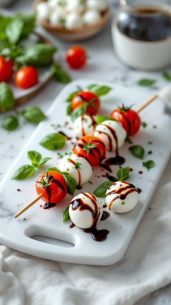 Caprese skewers with tomatoes, mozzarella, and basil drizzled with balsamic glaze