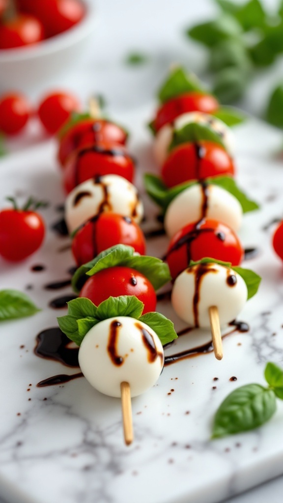 Caprese skewers with cherry tomatoes, mozzarella balls, and basil drizzled with balsamic glaze