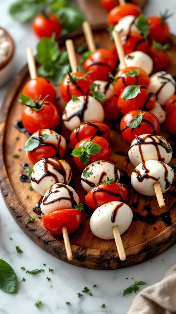 Caprese skewers made with cherry tomatoes, mozzarella, and basil drizzled with balsamic glaze