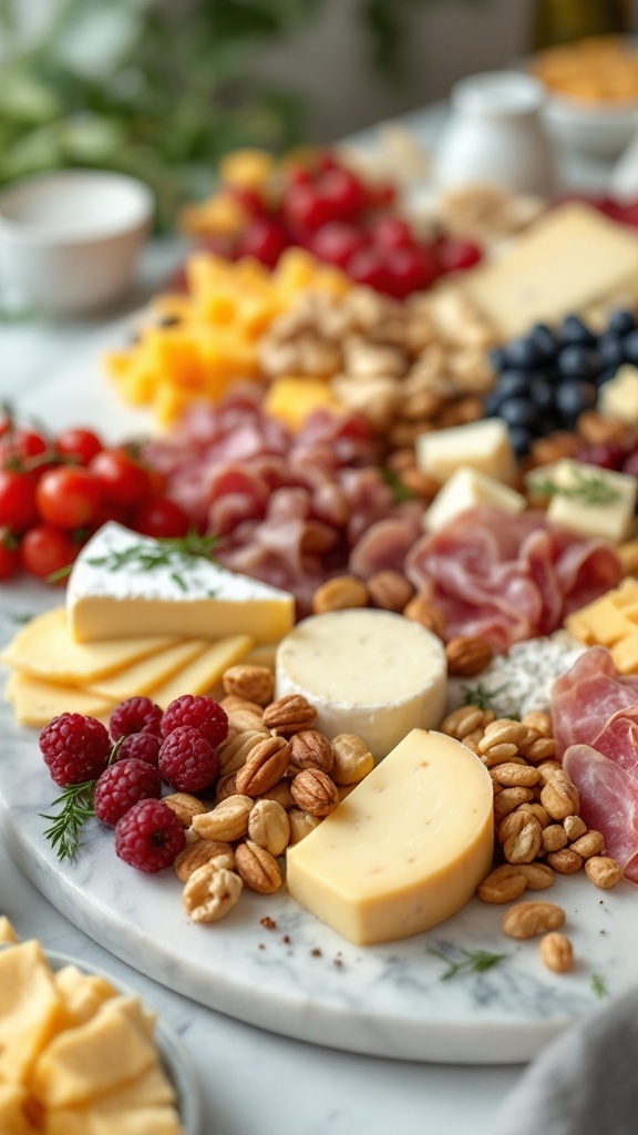 Cheese and charcuterie board with various cheeses, cured meats, nuts, and fruits