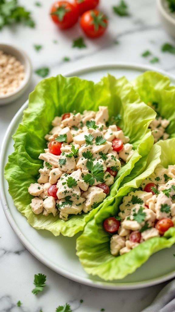 A plate of chicken salad lettuce wraps garnished with cherry tomatoes and parsley.