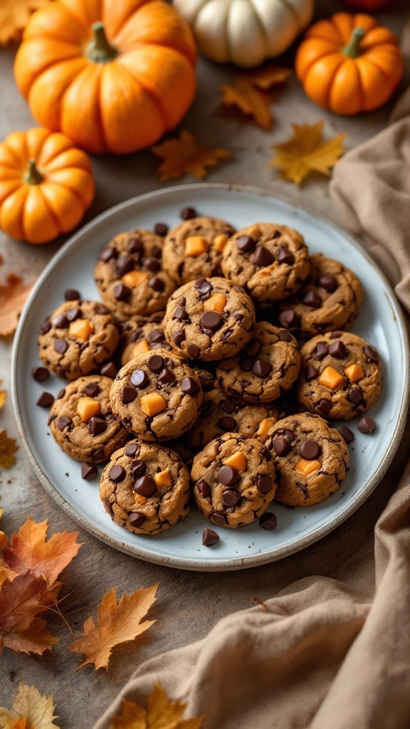 A plate of chocolate and pumpkin cookies surrounded by pumpkins and autumn leaves.