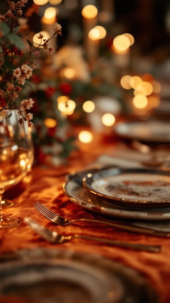 A beautifully arranged wedding table featuring copper flatware and burnt orange tones.