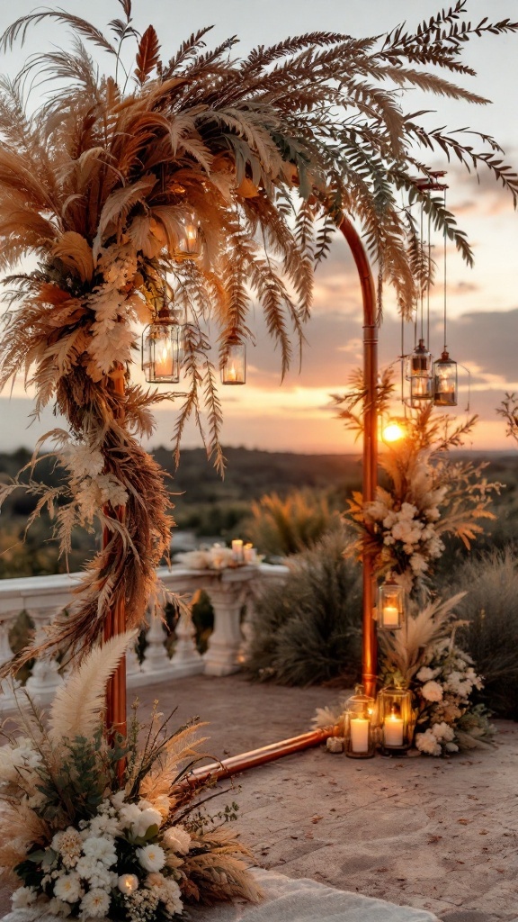 Copper pipe wedding arch adorned with pampas grass and hanging lanterns at sunset