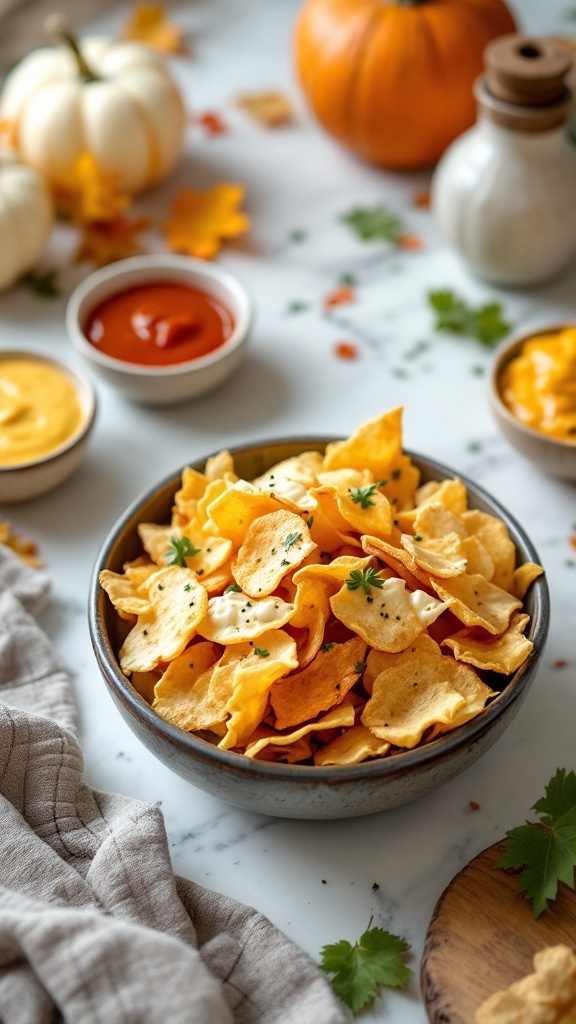 A bowl of cottage cheese chips with dips