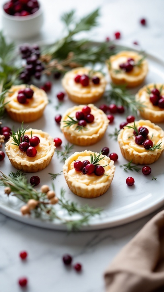 Cranberry Brie Bites arranged on a plate with fresh herbs and cranberries.