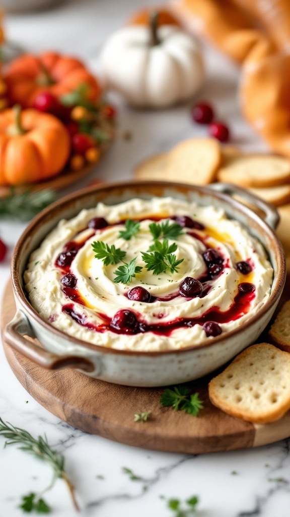 Creamy cranberry brie dip served with crackers, garnished with fresh herbs.