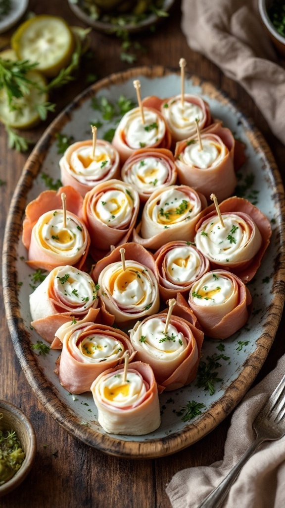 Delicious cream cheese pickle ham rolls on a platter ready for serving.