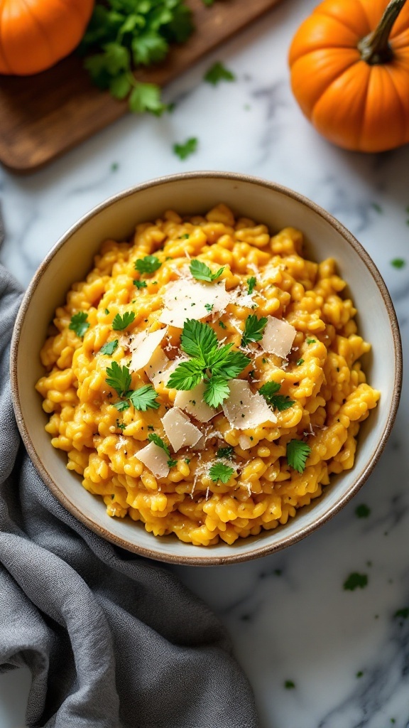 Creamy Pumpkin Risotto served in a bowl with herbs and cheese on top