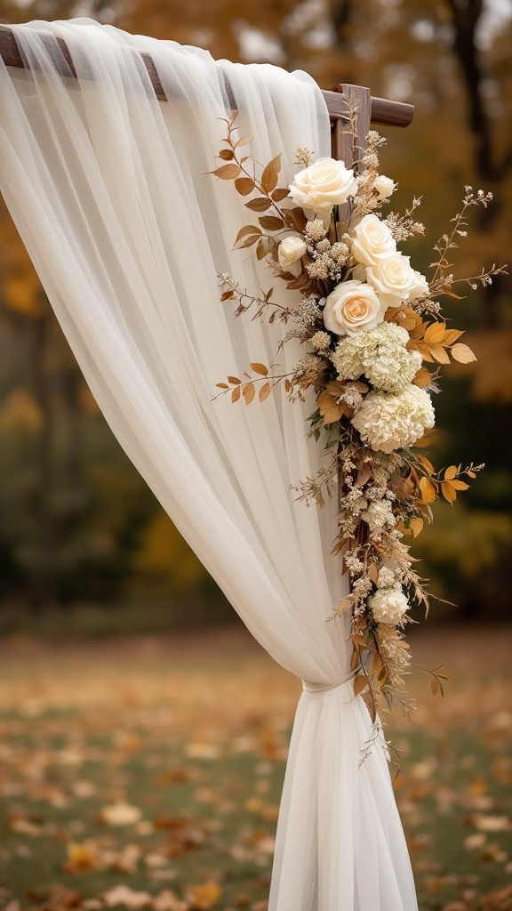 White and gold wedding arch decorated with flowers and draping fabric