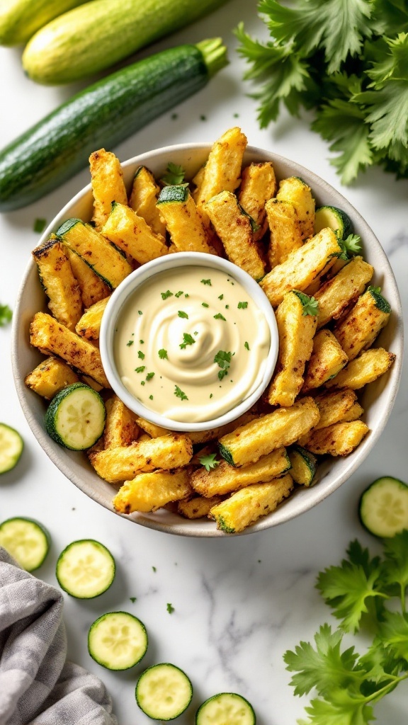 A bowl of crispy baked zucchini fries served with a creamy dip.