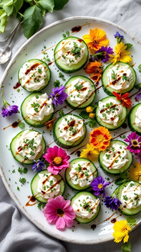 Cucumber bites topped with cream cheese and herbs, garnished with flowers.