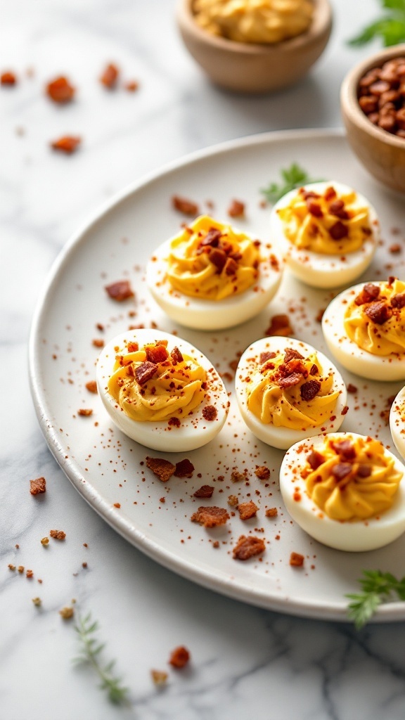 Deviled eggs topped with crumbled bacon and paprika on a plate.