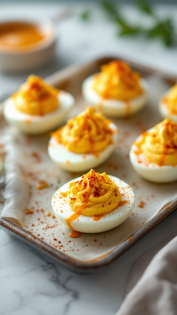 Deviled eggs topped with spicy mustard and paprika garnishes