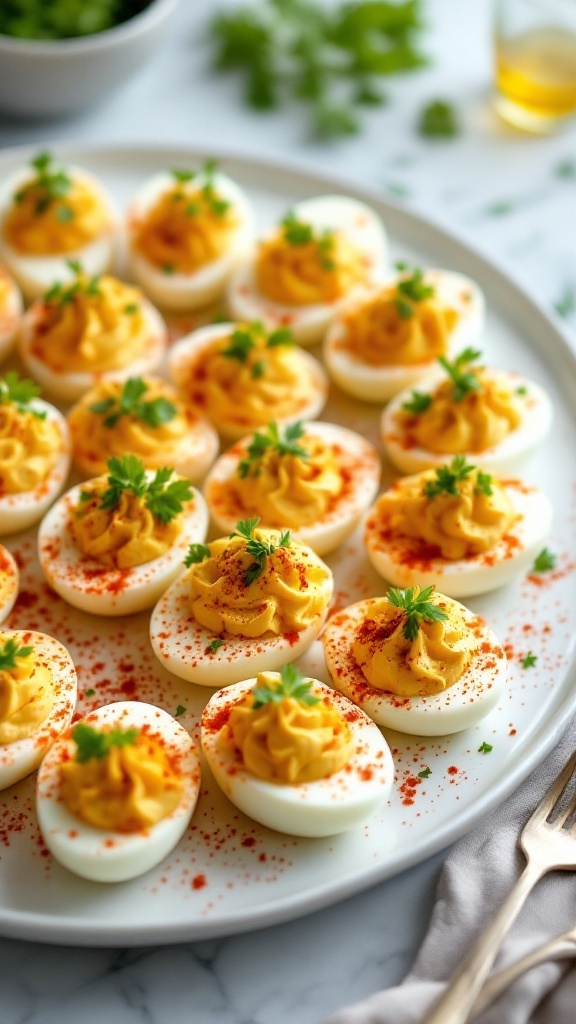 Deviled eggs topped with spicy mustard and garnished with parsley