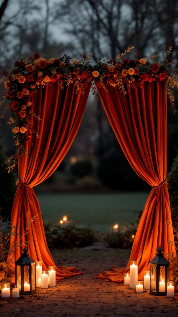 A romantic wedding arch draped in orange velvet, adorned with flowers and surrounded by candles.