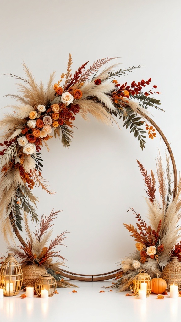 An earthy boho wedding arch adorned with dried flowers and terracotta accents for a fall wedding.