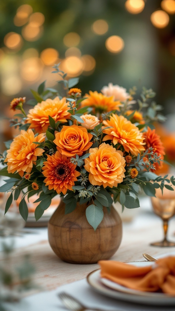 Beautiful floral centerpiece featuring orange roses, dahlias, and eucalyptus in a wooden vase