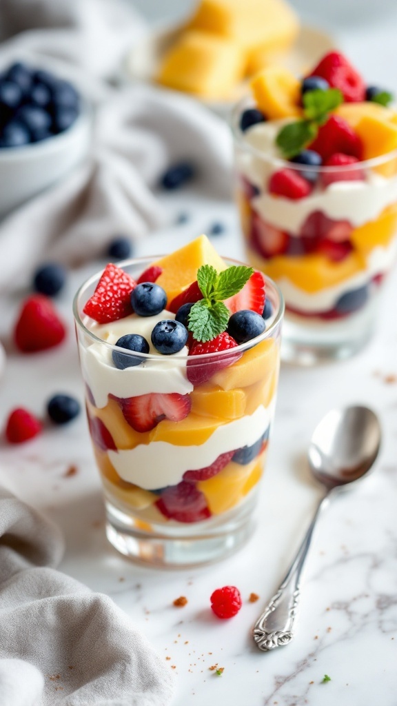 Fruit and cheese parfaits in clear glasses, layered with fresh fruits and cream cheese mixture