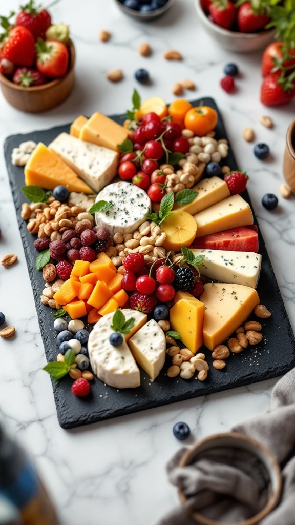 A colorful fruit and cheese platter with various cheeses, fruits, nuts, and mint leaves.