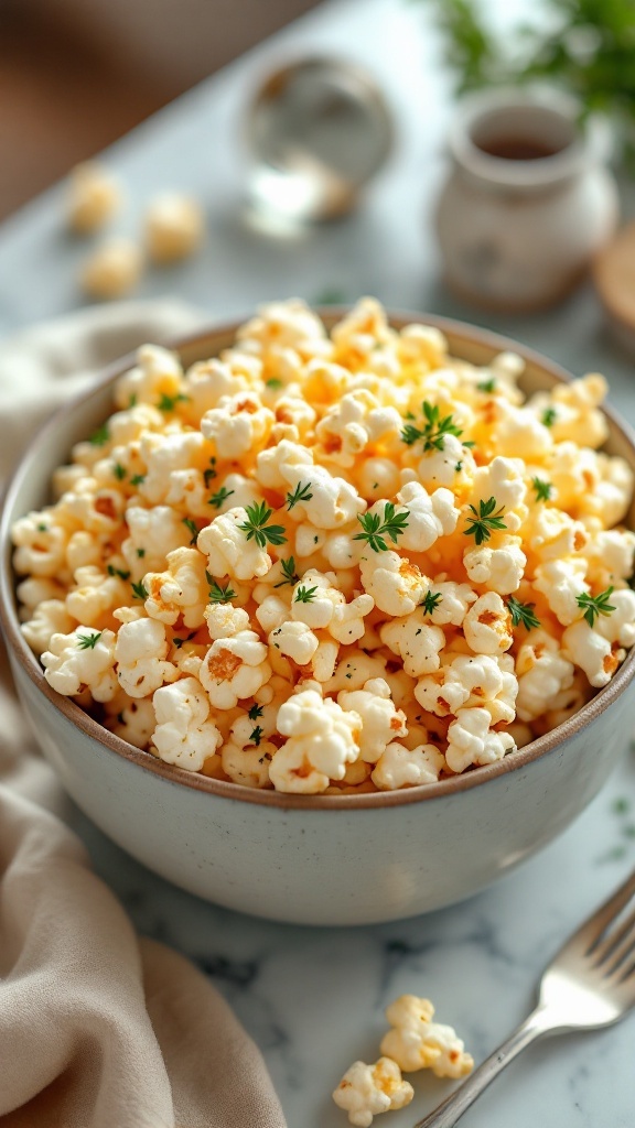 A bowl of Garlic Parmesan popcorn garnished with fresh herbs.