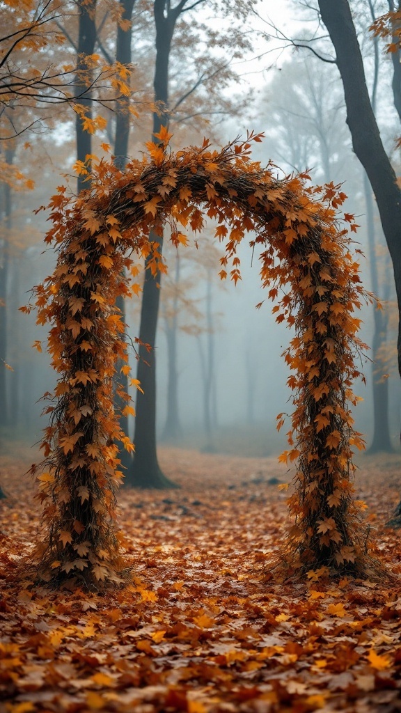 A golden leaf-covered wedding arch in a misty forest setting