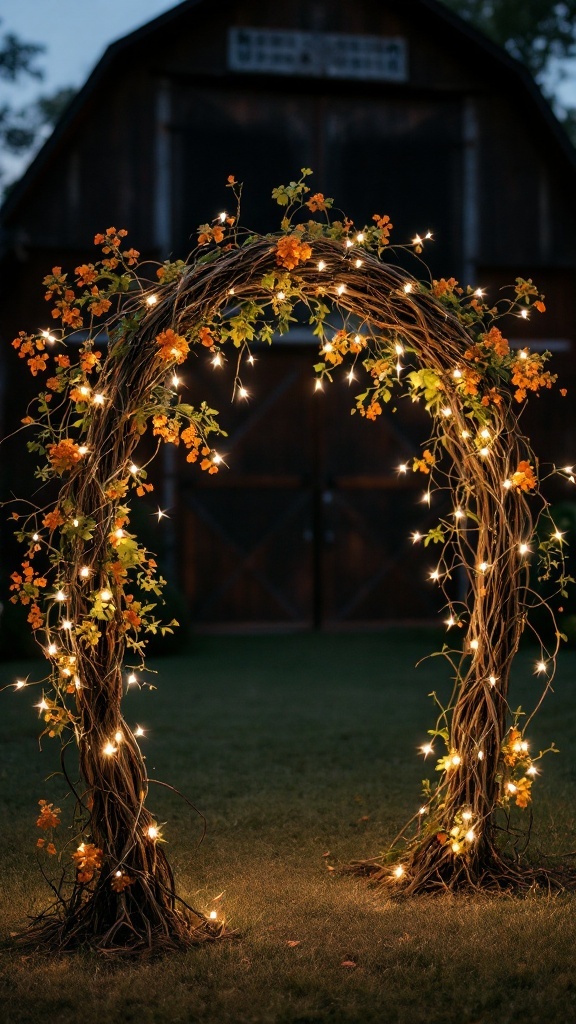 A grapevine arch adorned with twinkling lights and orange flowers, set against a rustic backdrop.