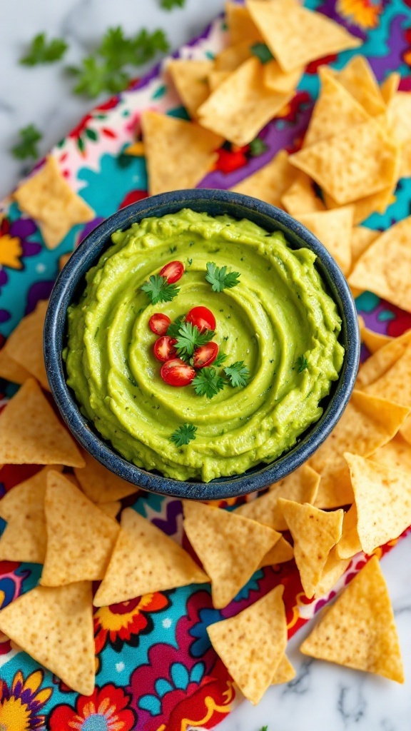 A bowl of guacamole surrounded by tortilla chips