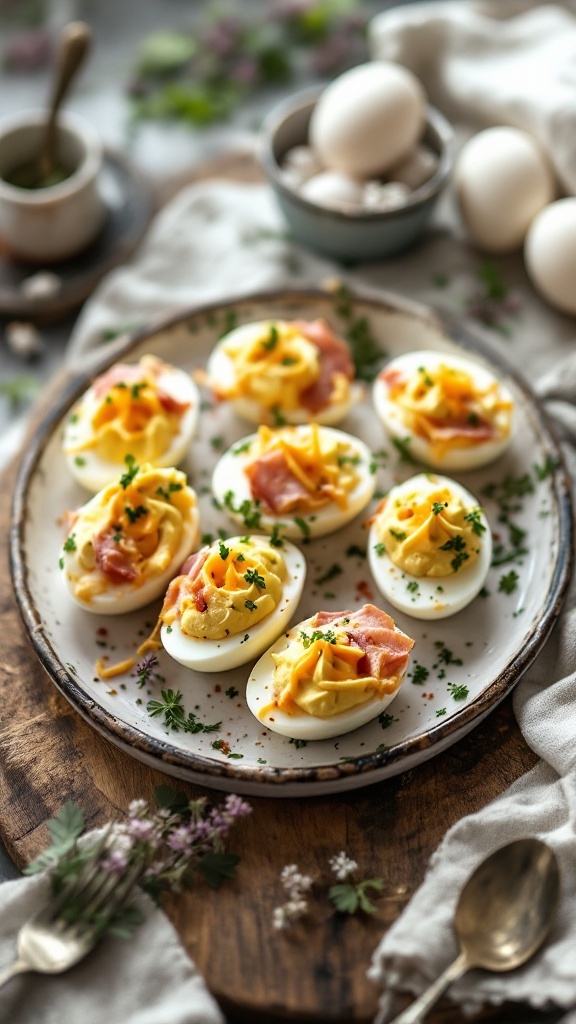 A plate of ham and cheese deviled eggs garnished with parsley.