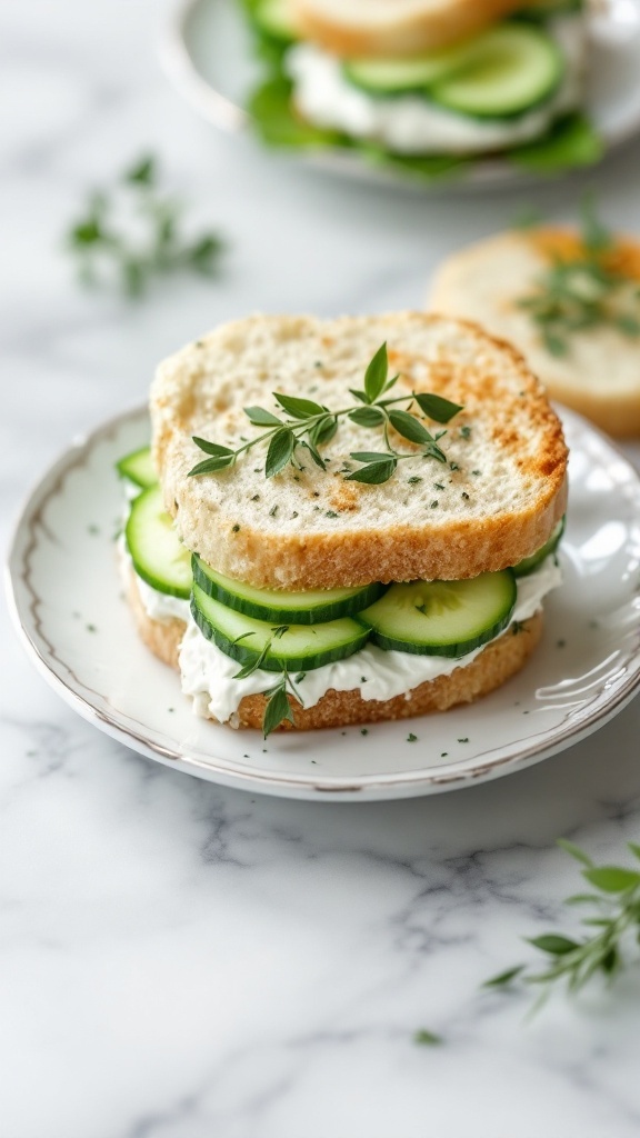 A plate of herbed cream cheese and cucumber sandwiches