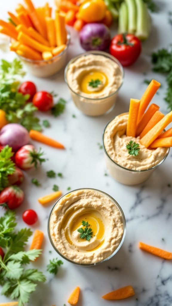 Hummus and veggie cups with fresh vegetable sticks