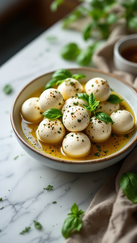 Marinated mozzarella balls with herbs in a bowl.