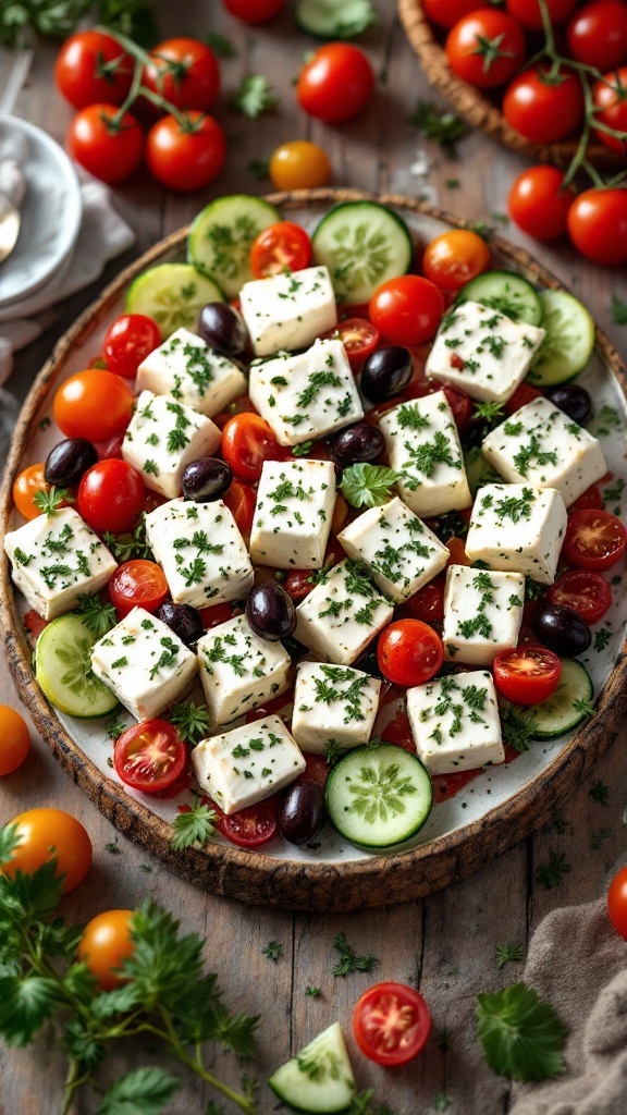 A platter of Mediterranean Feta Bites with feta cheese, cherry tomatoes, cucumbers, and olives.