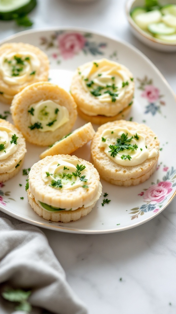 Mini cucumber sandwiches with cream cheese displayed on a floral plate