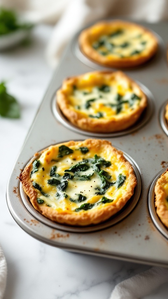 Mini quiches with spinach and cheese in a muffin tin