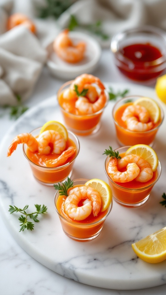 Mini Shrimp Cocktail Cups with shrimp, lemon wedges, and herbs