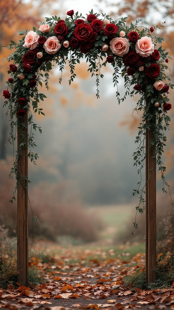 A wedding arch decorated with burgundy and blush flowers and dark foliage, set in a fall landscape.