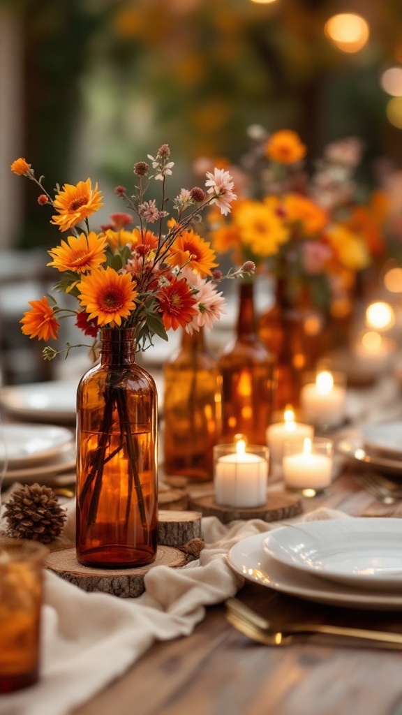 Table decorated with orange-tinted wine bottles filled with flowers, candles, and rustic elements.