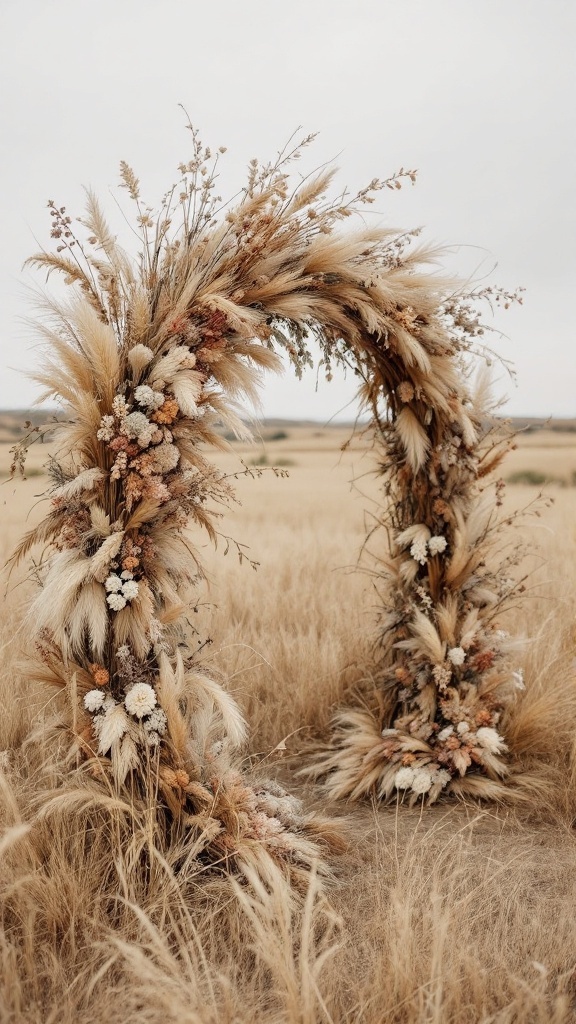 An overgrown wildflower arch in an open field, adorned with dried flowers and grasses.