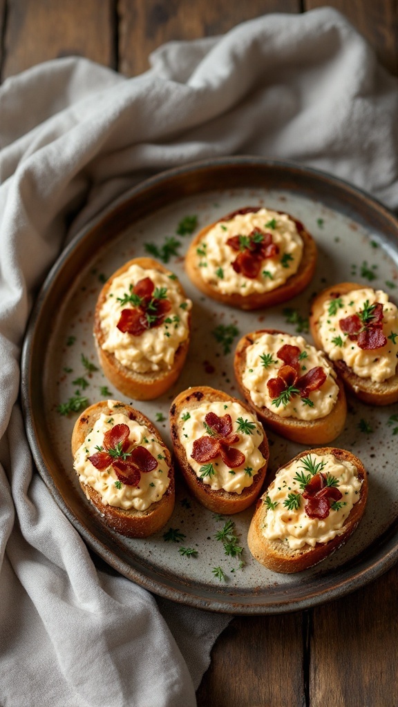 Delicious pimento cheese and bacon crostini served on a platter