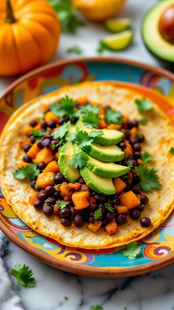 Pumpkin and black bean tacos with avocado and cilantro on a colorful plate.