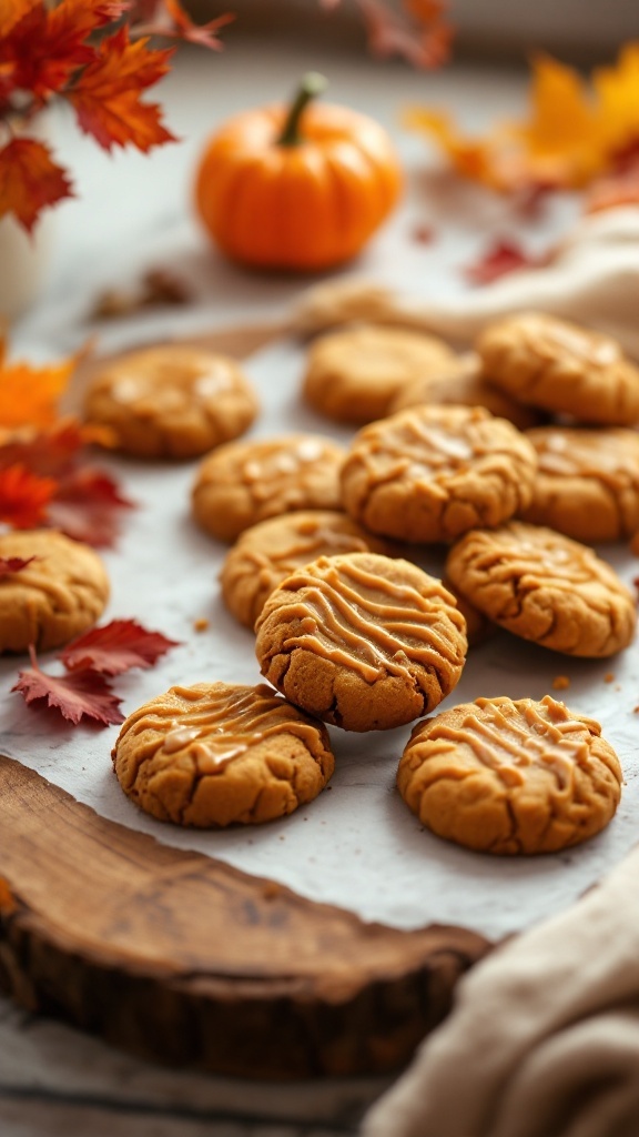 Pumpkin and caramel cookies arranged on a wooden surface with autumn leaves.