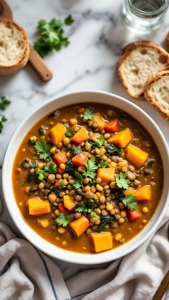 A bowl of Pumpkin and Lentil Stew garnished with cilantro and served with bread.