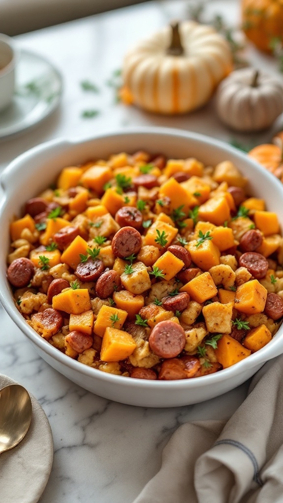 A bowl of pumpkin and sausage stuffing, garnished with herbs.