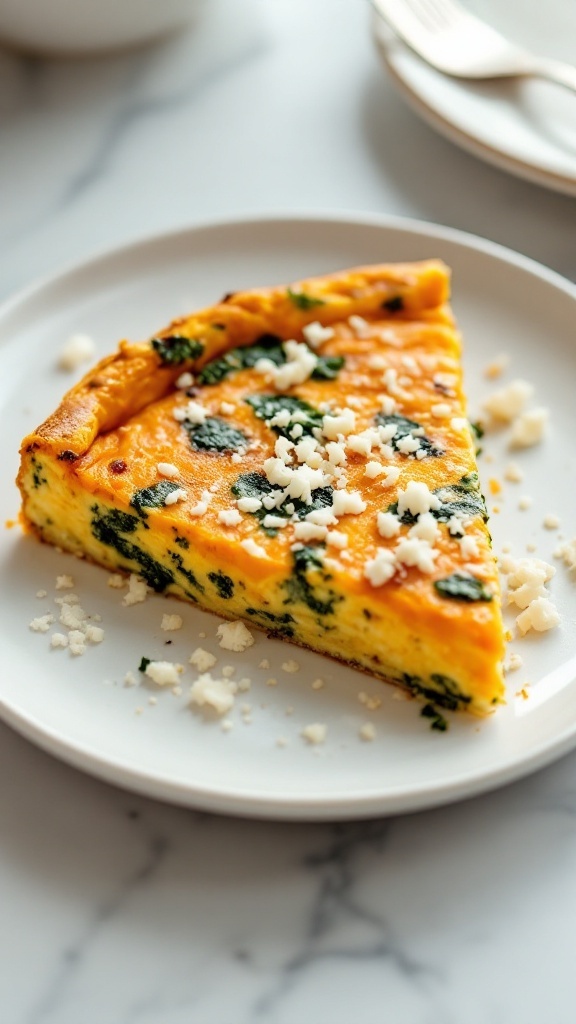 Slice of pumpkin and spinach frittata on a white plate, garnished with crumbled feta.