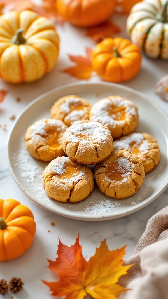 Pumpkin cheesecake cookies arranged on a plate with fall decorations