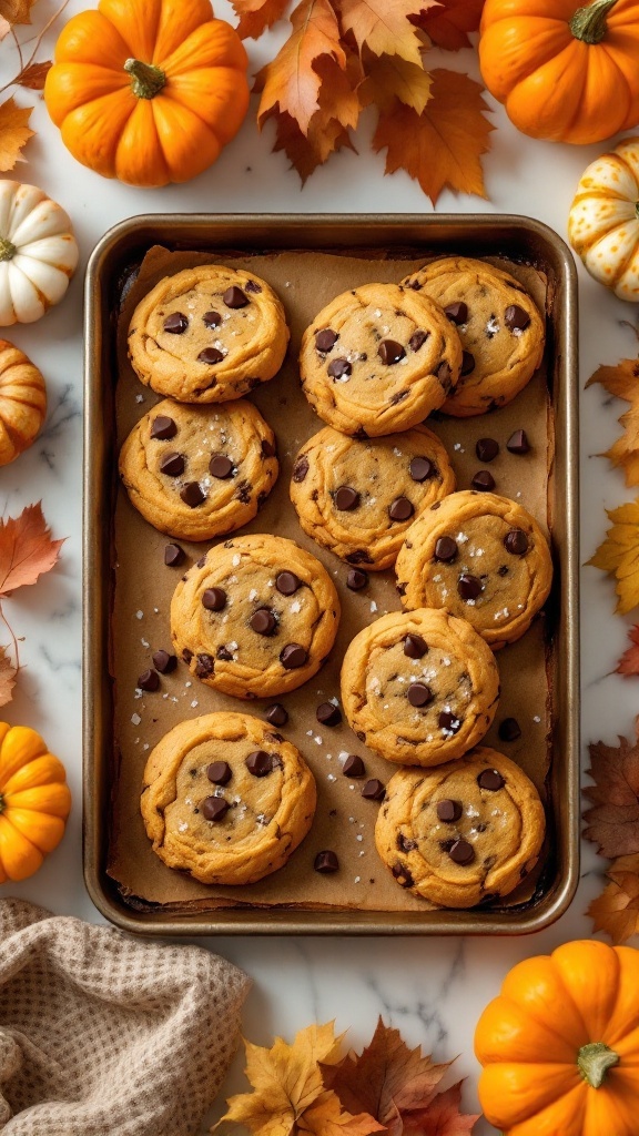 Delicious pumpkin chocolate chip cookies on a baking tray surrounded by pumpkins and autumn leaves.