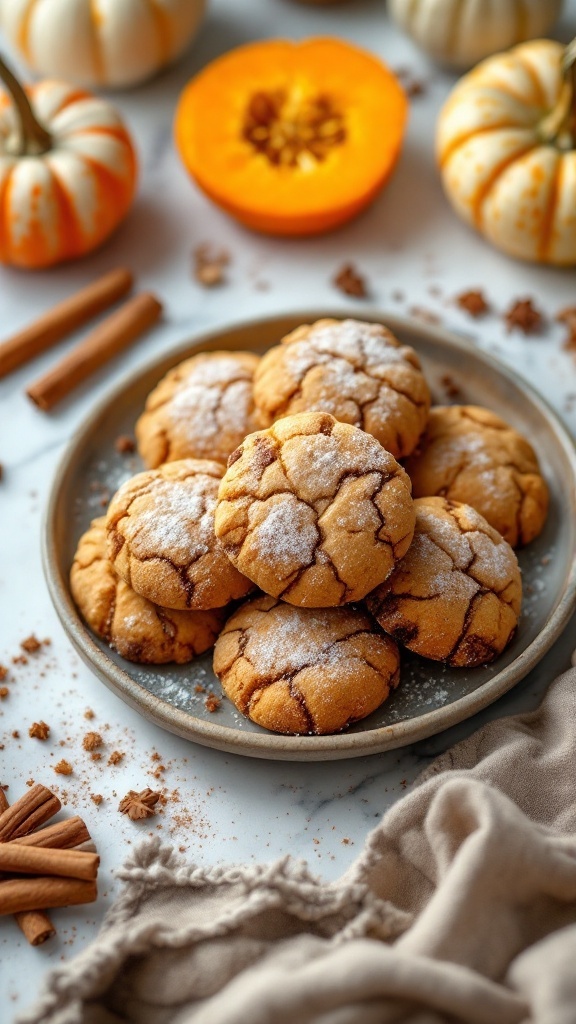 A plate of pumpkin cinnamon cookies with a hint of powdered sugar on top