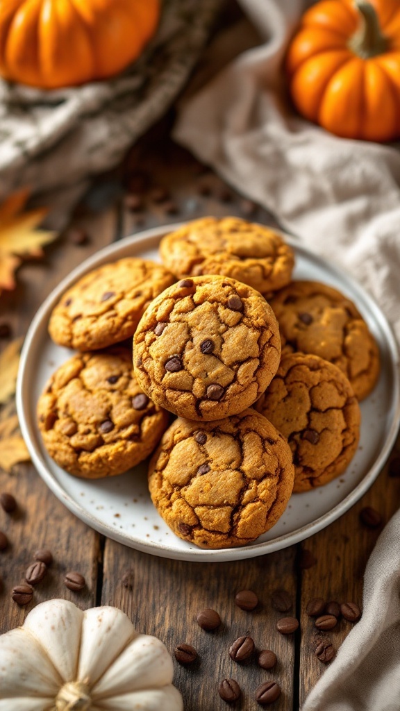 A plate of pumpkin coffee cookies with chocolate chips, set against a cozy autumn background.